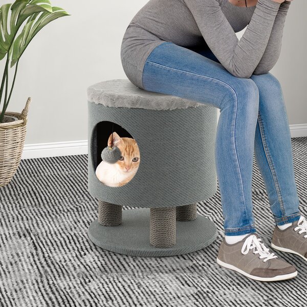 Costway Sgabello nicchia per gatti con pali tiragraffi e pallina di peluche, Casetta per animali domestici multiuso Grigio