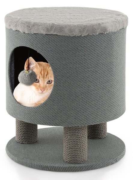Costway Sgabello nicchia per gatti con pali tiragraffi e pallina di peluche, Casetta per animali domestici multiuso Grigio