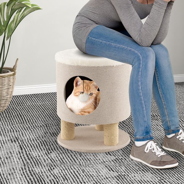 Costway Sgabello nicchia per gatti con pali tiragraffi e pallina di peluche, Casetta per animali domestici multiuso Beige