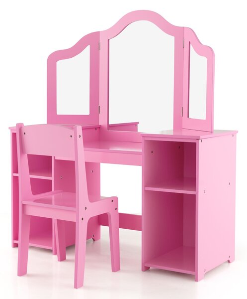 Costway Set tavolo da trucco sedia per bambini con specchio a 3 ante rimovibile, Set 2-in-1 di vanità per ragazze Rosa