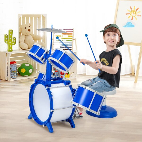 Costway Set di batteria per bambini con cassa 2 tamburi medi 2 rullanti piatto bacchette e pedale, Kit di batteria jazz Blu