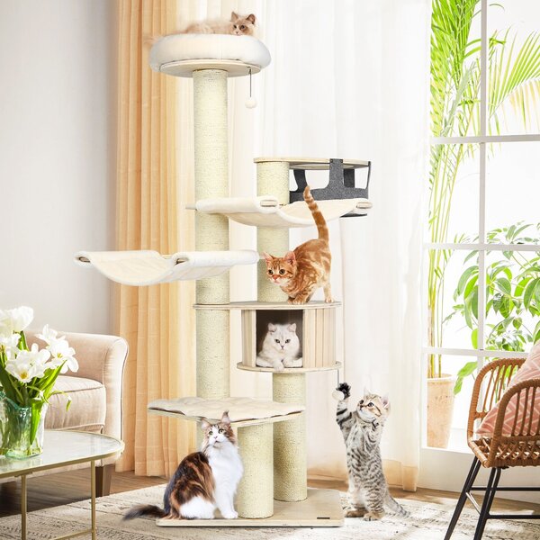 Costway Albero per gatti alto 197cm con nicchia in legno amache e cestello sospeso, Torre per gatti a più livelli Beige
