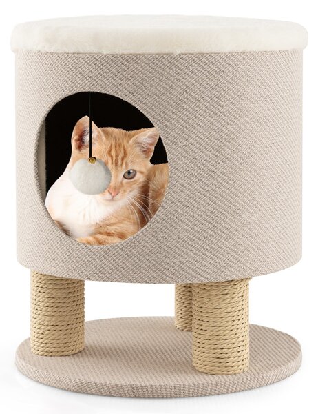 Costway Sgabello nicchia per gatti con pali tiragraffi e pallina di peluche, Casetta per animali domestici multiuso Beige