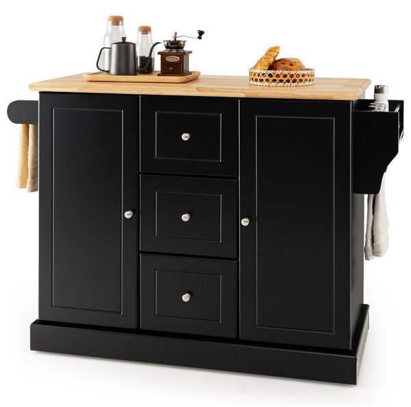 Costway Carrello da cucina con 3 cassetti 2 armadietti chiusi con ripiani regolabili, Isola con barra laterale Nero