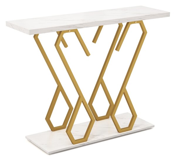 Costway Tavolo consolle effetto marmo con piedini regolabili struttura in metallo, Tavolo d'ingresso 100x30x79cm Bianco