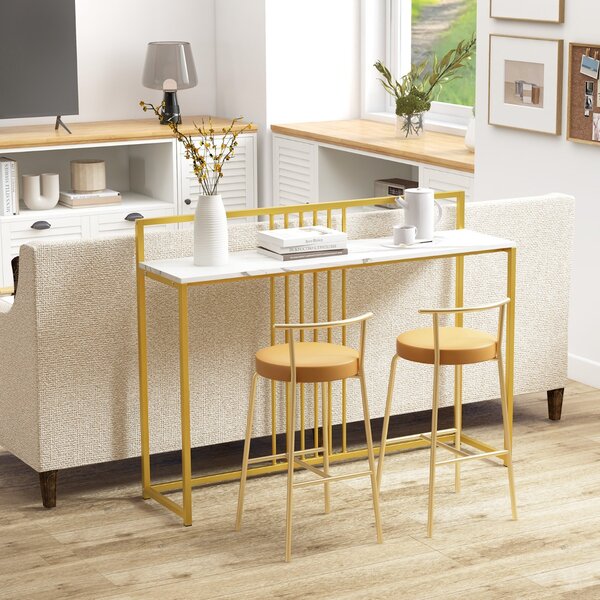 Costway Tavolo da ingresso lungo 120cm, Consolle con piano effetto marmorino sponda struttura in metallo dorato Bianco