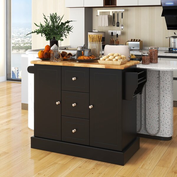 Costway Carrello da cucina con 3 cassetti 2 armadietti chiusi con ripiani regolabili, Isola con barra laterale Nero
