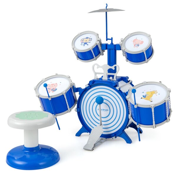 Costway Set di batteria per bambini con cassa 2 tamburi medi 2 rullanti piatto bacchette e pedale, Kit di batteria jazz Blu