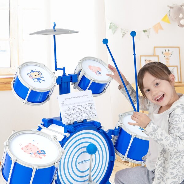 Costway Set di batteria per bambini con cassa 2 tamburi medi 2 rullanti piatto bacchette e pedale, Kit di batteria jazz Blu