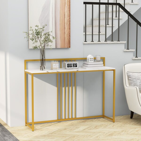 Costway Tavolo da ingresso lungo 120cm, Consolle con piano effetto marmorino sponda struttura in metallo dorato Bianco