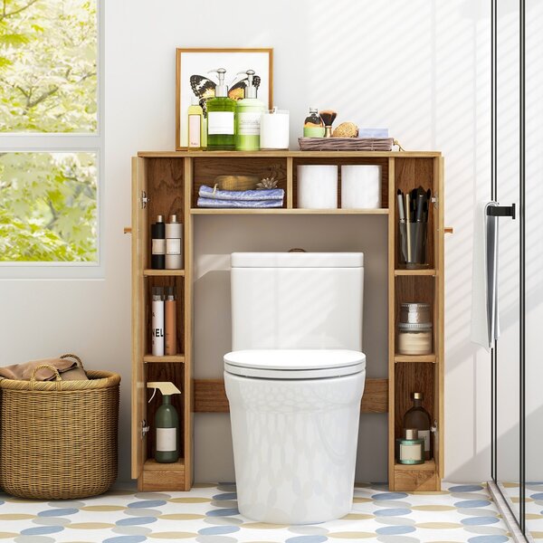 Costway Scaffale sopra WC con doppia anta 2 scomparti aperti e 4 ripiani regolabili, Mobile a ponte per bagno Naturale