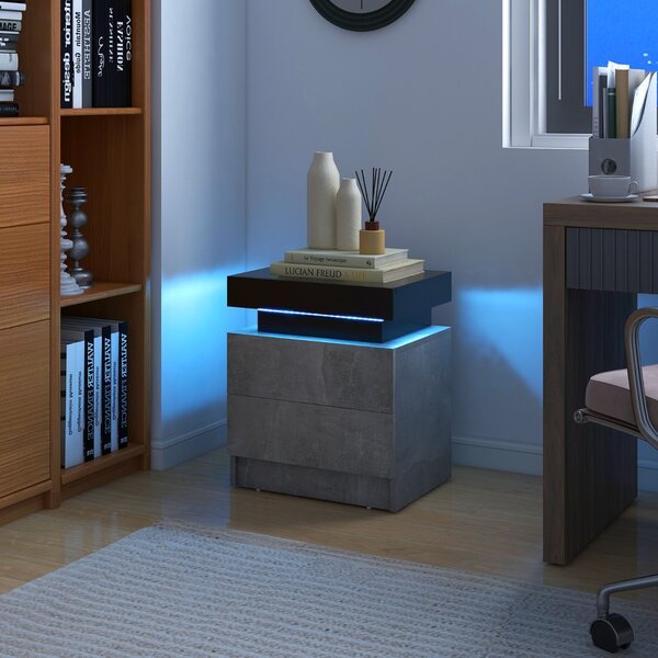 Costway Comodino con luci a LED 2 cassetti, Tavolino da divano moderno con finitura lucida effetto marmo 45x35x52cm