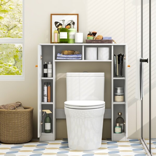 Costway Scaffale sopra WC con doppia anta 2 scomparti aperti e 4 ripiani regolabili, Mobile a ponte per bagno Bianco