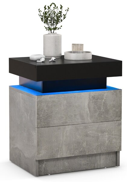 Costway Comodino con luci a LED 2 cassetti, Tavolino da divano moderno con finitura lucida effetto marmo 45x35x52cm