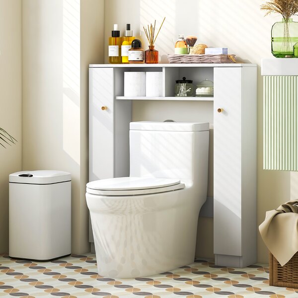 Costway Scaffale sopra WC con doppia anta 2 scomparti aperti e 4 ripiani regolabili, Mobile a ponte per bagno Bianco