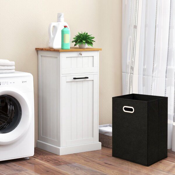 Costway Mobiletto per lavanderia con cesto, Cesto per biancheria a ribalta autoportante con cassetto 40x37x82cm Bianco