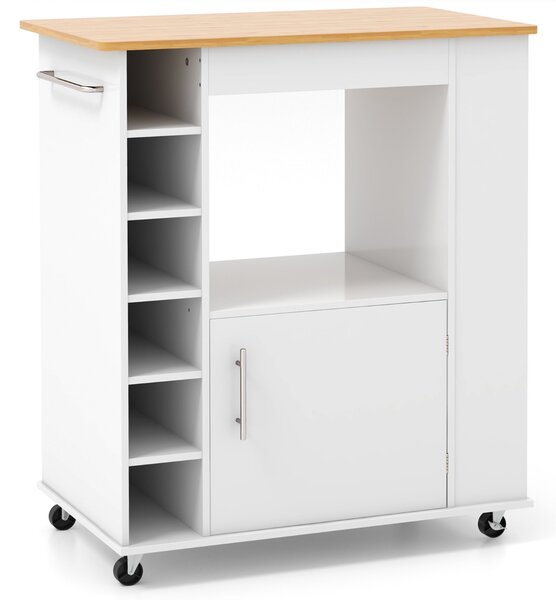 Costway Isola da cucina con ruote e portabottiglie a 6 scomparti piano in bambù, Carrello da cucina 76x44x89cm Bianco