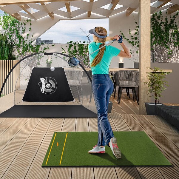 Costway Tappeto golf con 2 punte da golf 2 aste di allineamento 6 fori preforati per le punte, Tappeto in erba sintetica 152x117x2cm