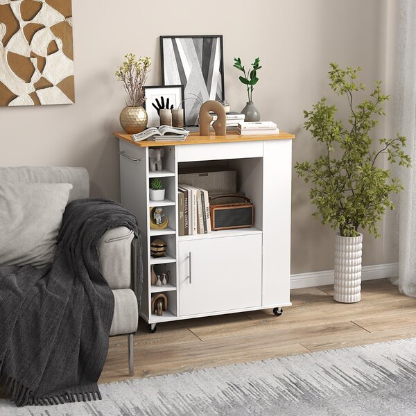 Costway Isola da cucina con ruote e portabottiglie a 6 scomparti piano in bambù, Carrello da cucina 76x44x89cm Bianco