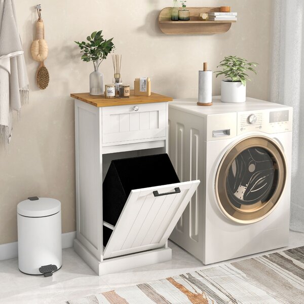 Costway Mobiletto per lavanderia con cesto, Cesto per biancheria a ribalta autoportante con cassetto 40x37x82cm Bianco