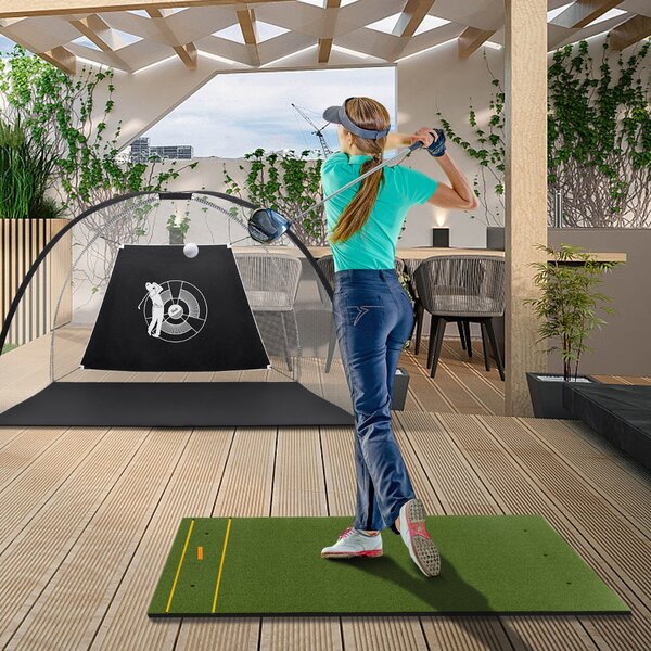Costway Tappeto golf con 2 punte da golf 2 aste di allineamento 6 fori preforati per le punte, Tappeto in erba sintetica 152x92x2cm