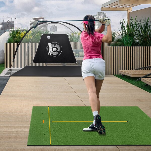 Costway Tappetino golf con 2 punte da golf 2 astine di allineamento fori preforati, Tappetino in erba sintetica 152x117x2,7cm