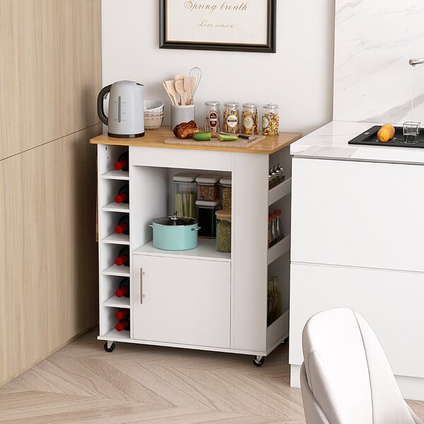 Costway Isola da cucina con ruote e portabottiglie a 6 scomparti piano in bambù, Carrello da cucina 76x44x89cm Bianco