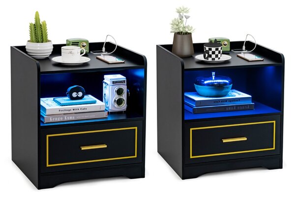 Costway Set di 2 comodini a LED con 2 porte USB ripiano aperto e cassetto, Tavolini vintagi da divano Nero