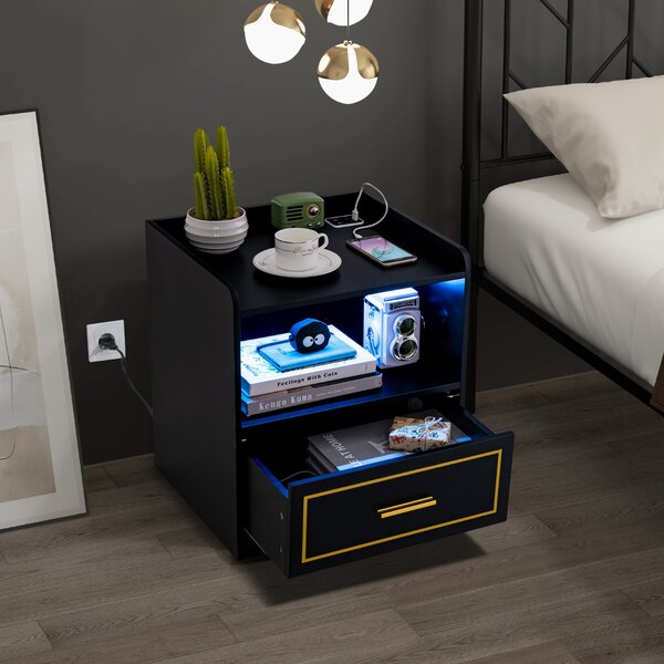 Costway Comodino a LED con 2 porte USB ripiano aperto e cassetto, Tavolino vintage da divano Nero