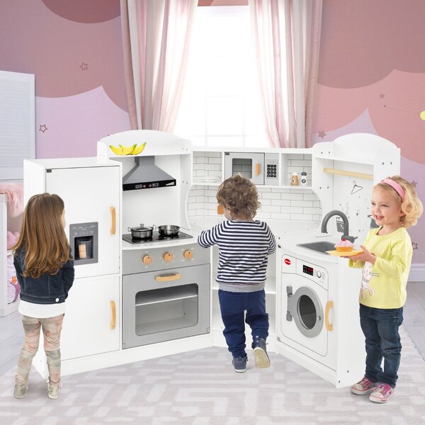 Costway Cucina giocattolo d'angolo per bambini con macchina di ghiaccio, Cucina giocattolo con microonde e forno