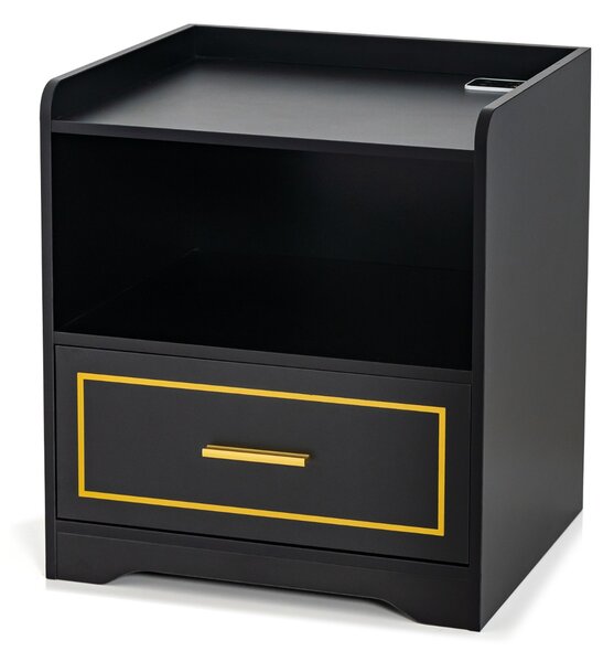 Costway Comodino a LED con 2 porte USB ripiano aperto e cassetto, Tavolino vintage da divano Nero
