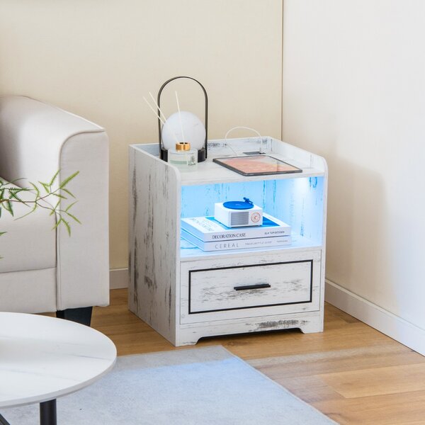 Costway Set di 2 comodini a LED con 2 porte USB ripiano aperto e cassetto, Tavolini vintagi da divano Bianco