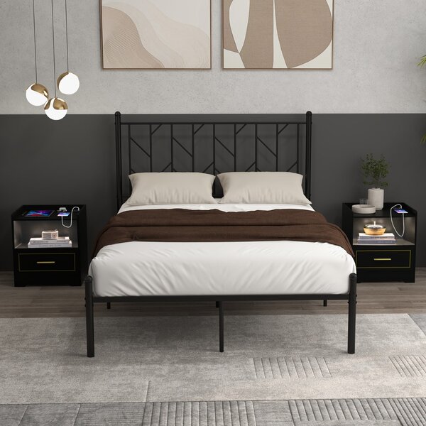 Costway Set di 2 comodini a LED con 2 porte USB ripiano aperto e cassetto, Tavolini vintagi da divano Nero