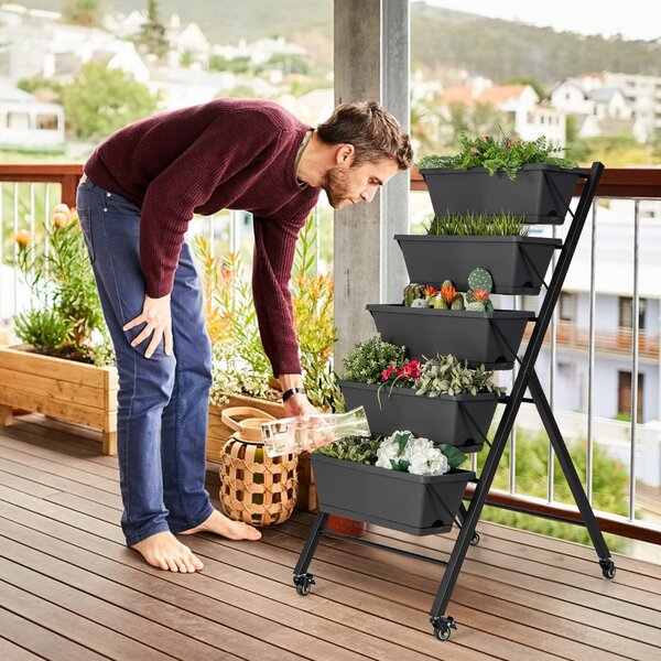 Costway Fioriera verticale con 5 livelli e ruote fori di drenaggio, Fioriera con scatole contenitore per coltivare erbe 57x68x117cm
