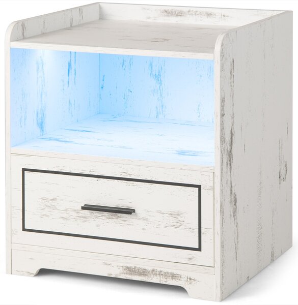 Costway Set di 2 comodini a LED con 2 porte USB ripiano aperto e cassetto, Tavolini vintagi da divano Bianco
