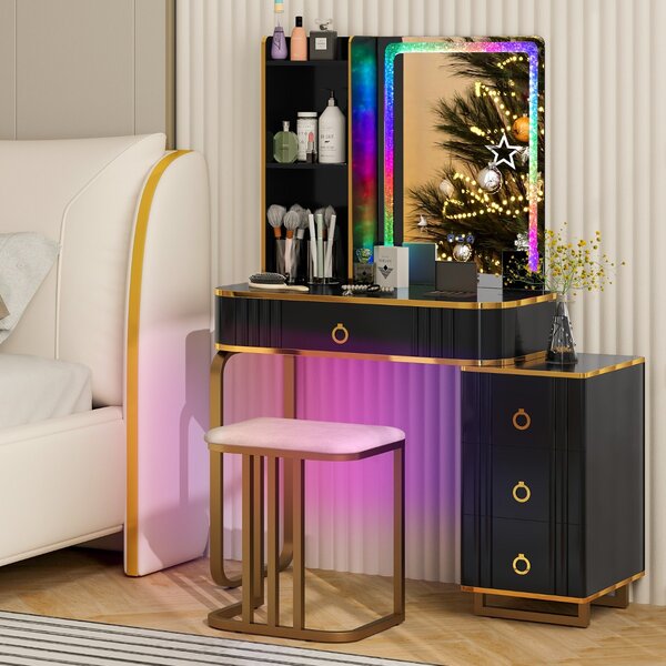 Costway Toeletta da trucco RGB con specchio 7 luci LED dinamiche porte USB type-c e 4 cassetti, Tavolo da trucco Nero