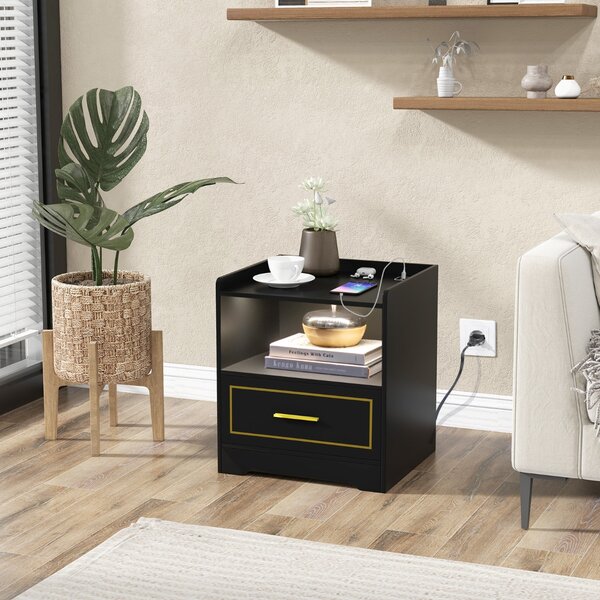 Costway Comodino a LED con 2 porte USB ripiano aperto e cassetto, Tavolino vintage da divano Nero