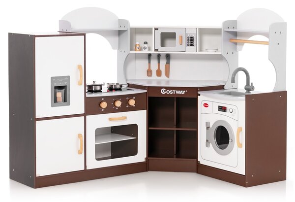 Costway Cucinetta ad angolo in legno per bambini, Set cucina giocattolo con macchina di ghiaccio microonde forno lavello