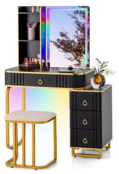 Costway Toeletta da trucco RGB con specchio 7 luci LED dinamiche porte USB type-c e 4 cassetti, Tavolo da trucco Nero