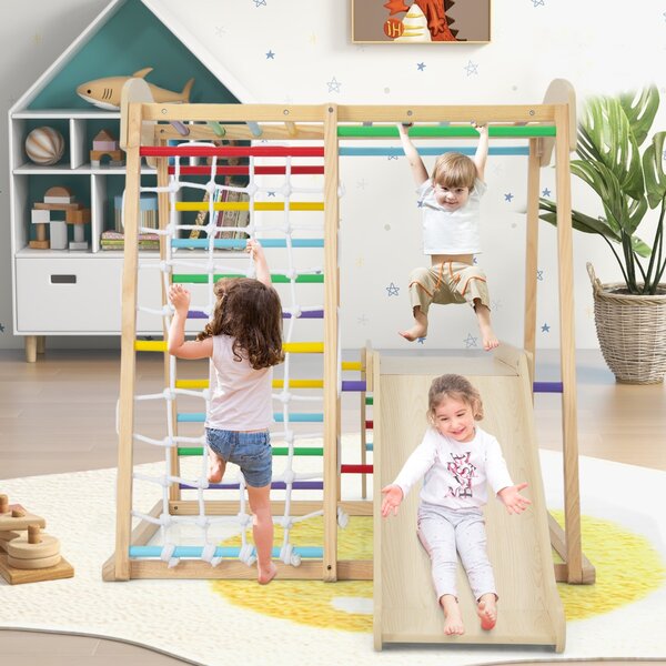 Costway Parco giochi 6-in-1 per bambini 1+ anni con barre di scimmia scivolo corda e scale in legno, Palestra in legno Colorato