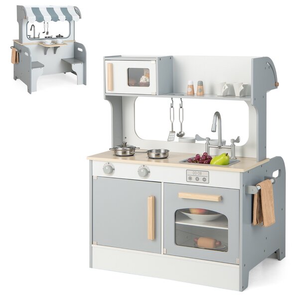 Costway Cucina giocattolo per bambini con sala da tè, Cucina finta giocattolo con suoni accessori per cucina Grigio