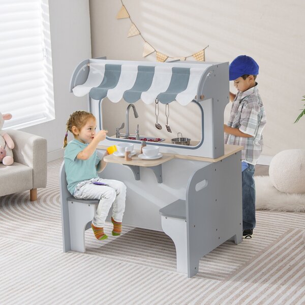 Costway Cucina giocattolo per bambini con sala da tè, Cucina finta giocattolo con suoni accessori per cucina Grigio