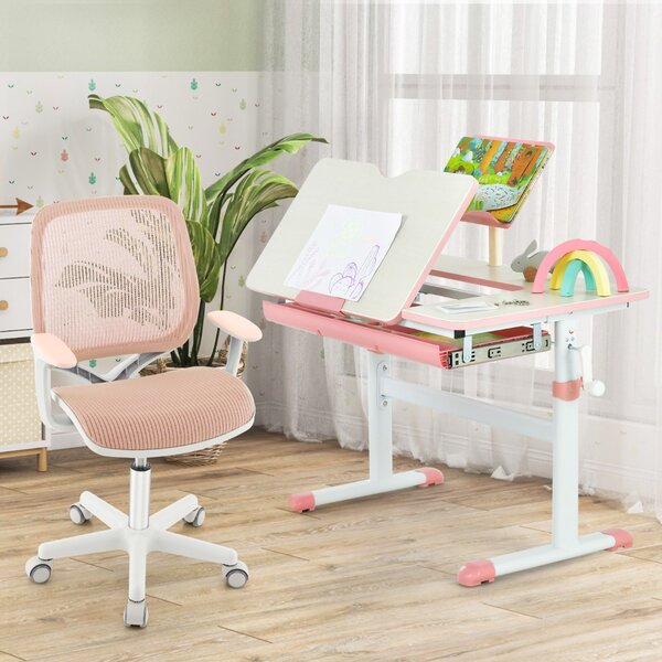Costway Sedia da scrivania per bambini con altezza regolabile ruote con freno braccioli morbidi, Sedia girevole per computer Roseo
