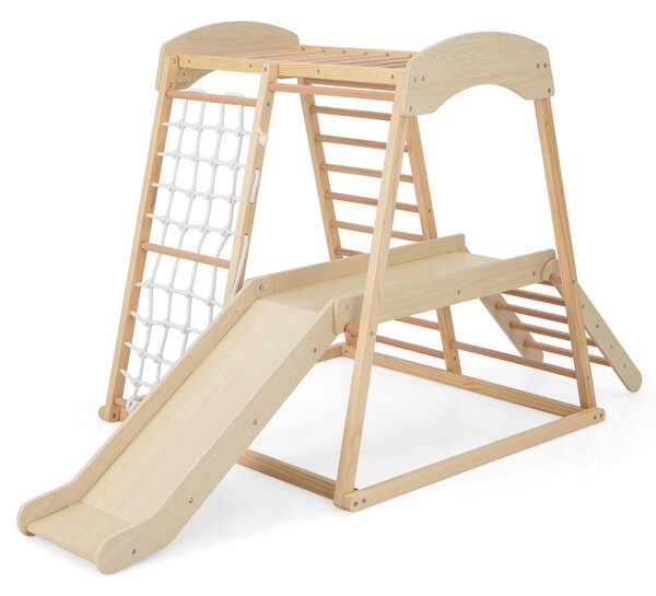Costway Parco giochi 6-in-1 per bambini 1+ anni con barre di scimmia scivolo corda e scale in legno, Palestra in legno Naturale