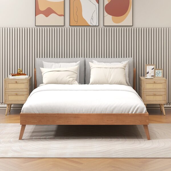 Costway Set di 2 comodini in rattan con 2 cassetti gambe in legno massello, 2 Tavolini comodini Boho Naturale