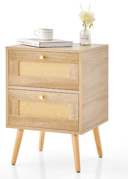 Costway Comodino in rattan con 2 cassetti gambe in legno massello, Tavolino comodino Boho laterale per soggiorno Naturale