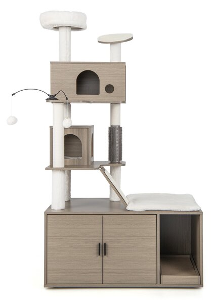 Costway Albero per gatti con mobile nascondi lettiera, Torre per gatti 2-in-1 con doppie cucce piattaforma superiore Grigio