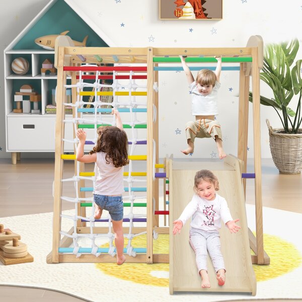 Costway Parco giochi 6-in-1 per bambini 1+ anni con barre di scimmia scivolo corda e scale in legno, Palestra in legno Naturale