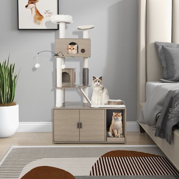 Costway Albero per gatti con mobile nascondi lettiera, Torre per gatti 2-in-1 con doppie cucce piattaforma superiore Grigio