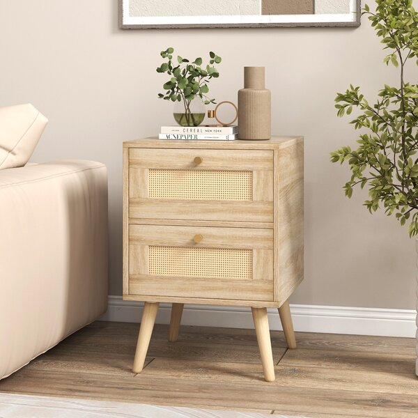 Costway Comodino in rattan con 2 cassetti gambe in legno massello, Tavolino comodino Boho laterale per soggiorno Naturale